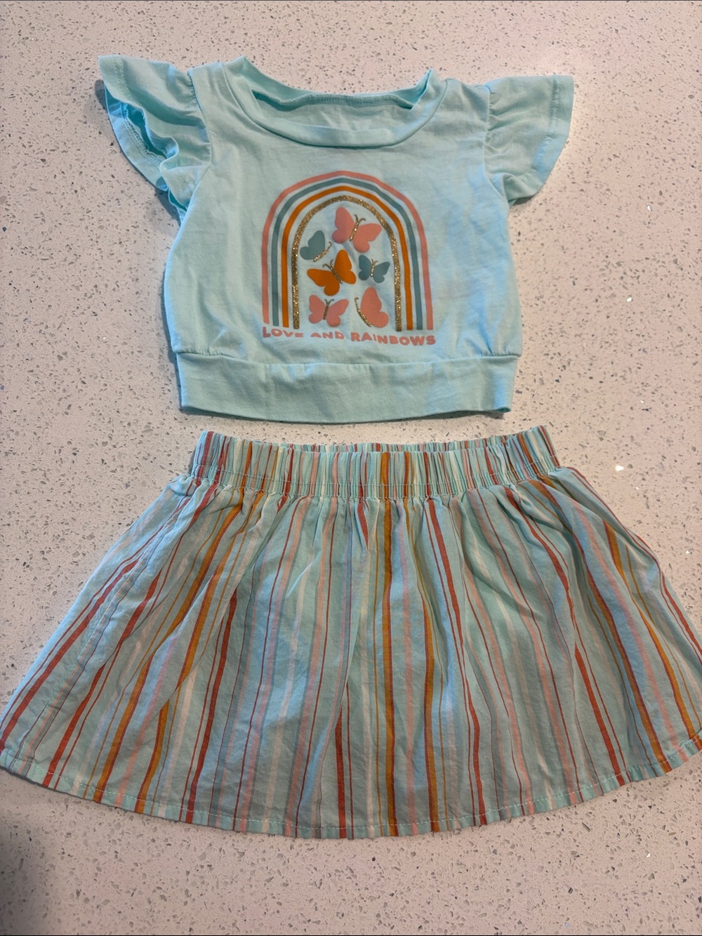Carter's Mint Striped Cotton Skirt with Rainbow Butterfly Graphic Tee-  9 Months